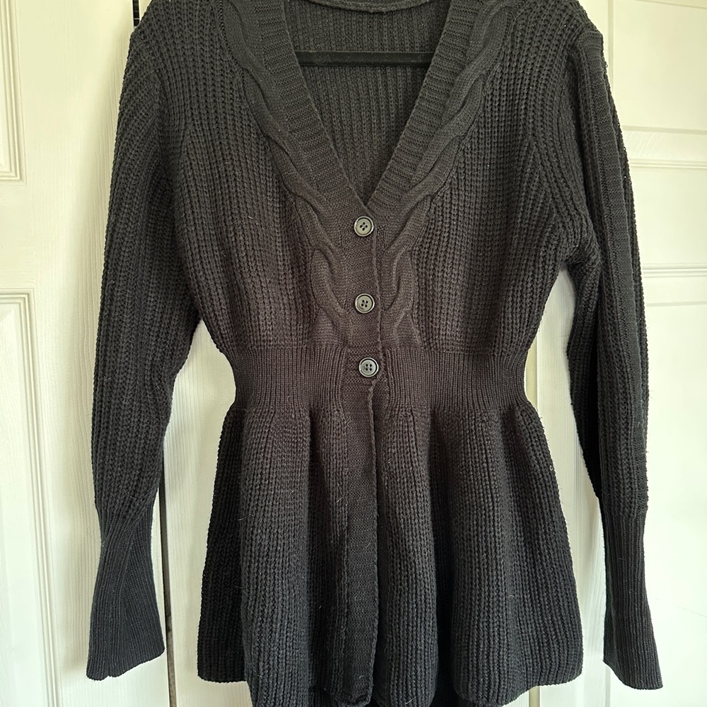 Black High-Low Ruffle Cable Knit Sweater